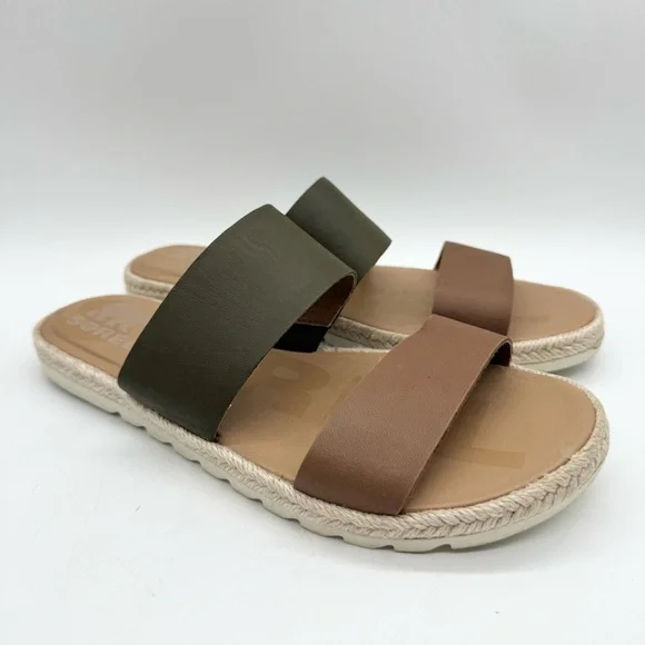 SOREL Ella Leather Sporty Espadrille Slide Sandals Green/Brown Sz 8.5 Minimalist - Picture 2 of 10